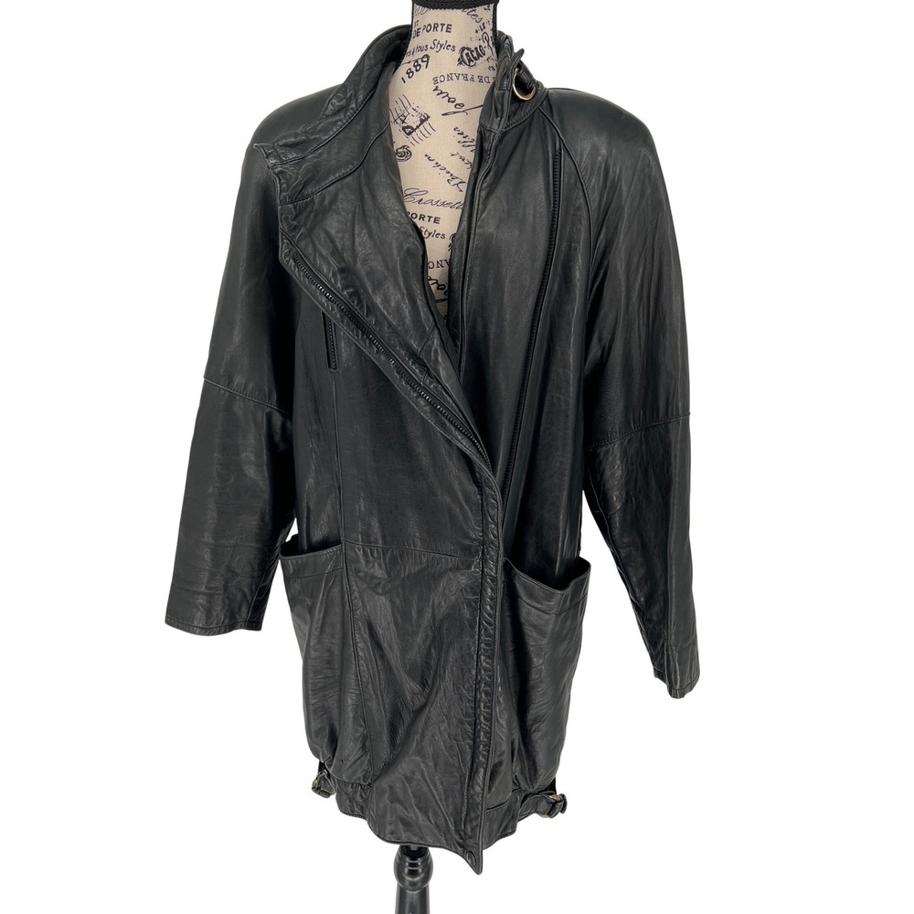 Vintage‎ G-III Leather Fashions Oversized Black Leather Jacket Drawstring Waist